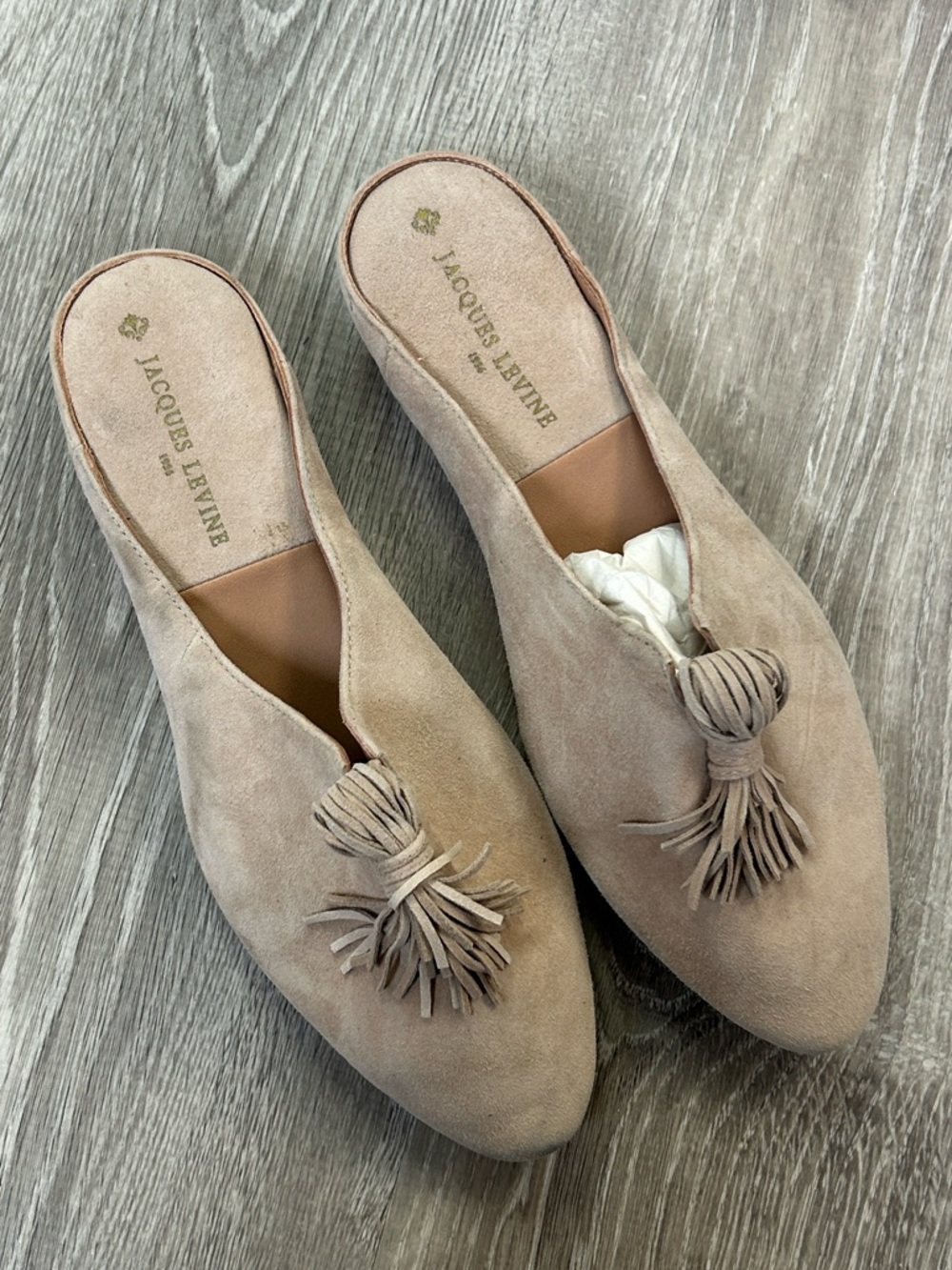 Jacques Levine suede slip-on mules tassels